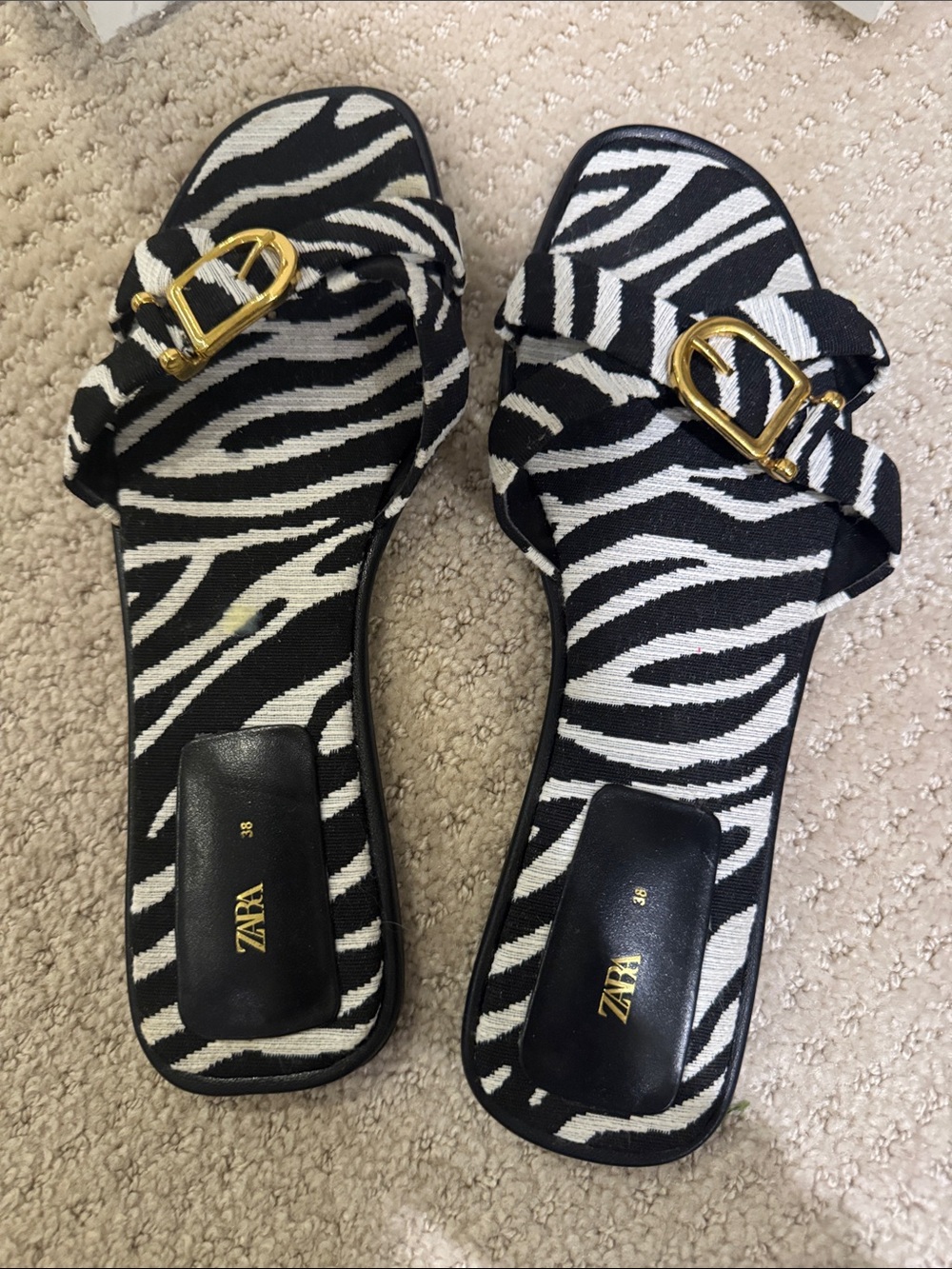 ZARA Black and White Zebra Print Slide Sandals with Gold Buckle